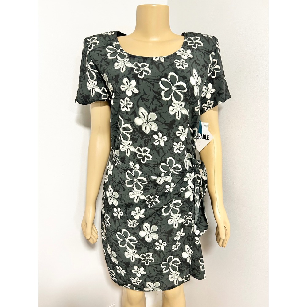 Bentley Vintage Floral Short Sleeve Side Tie Sheath Dress Green Black White 12